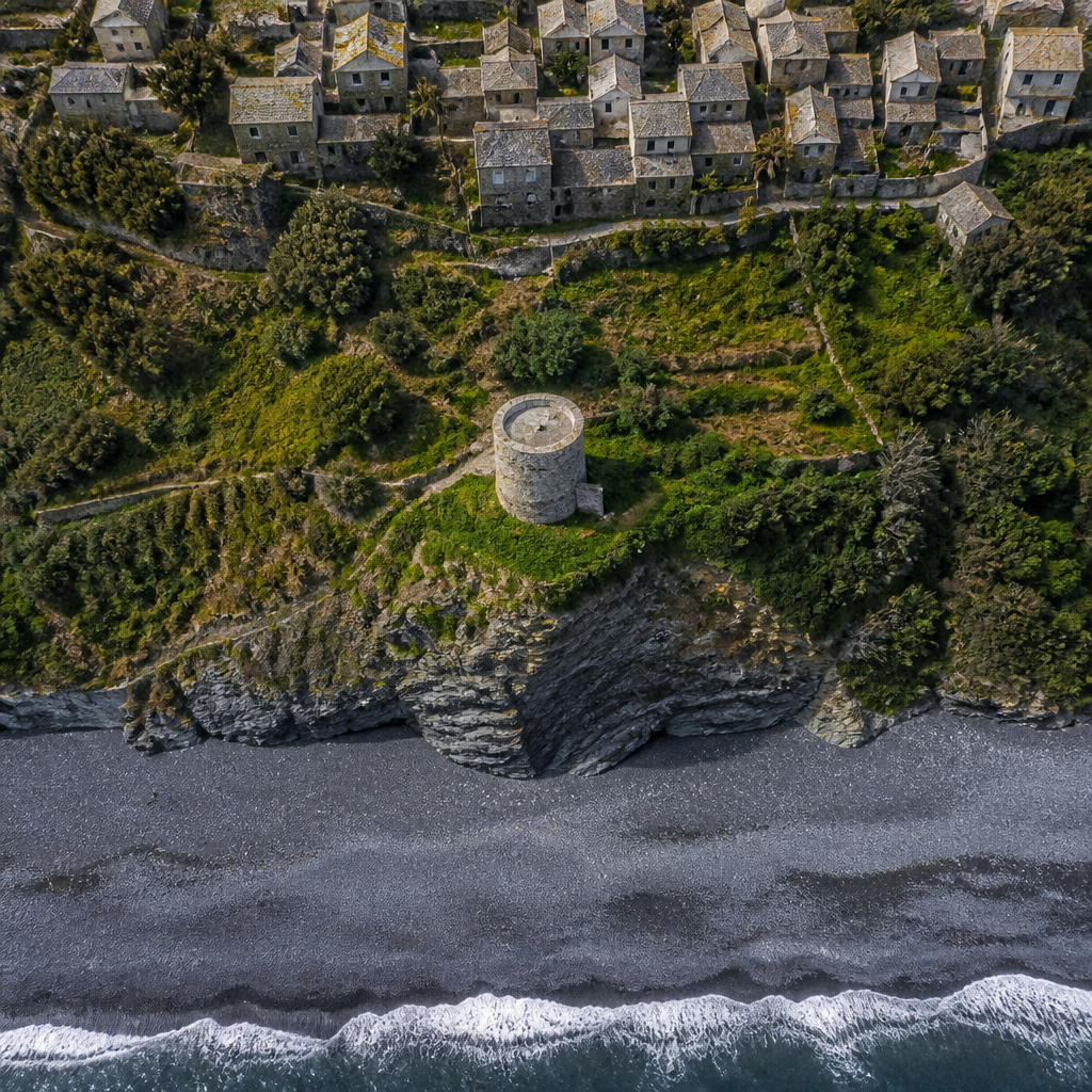 Nonza : la plage noire, la tour et le village, trois étages d'un paysage qu'on ne trouve nulle part ailleurs